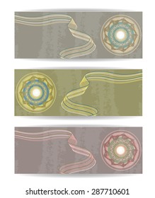 Set, collection, group of three isolated, retro banners with pattern, round shape - eye, grunge, white background  