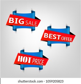 Set, collection, group of three modern blue banners with red ribbon and text, isolated on bright background