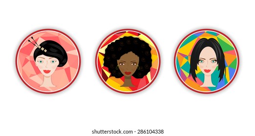 Set, collection, group of three modern, isolated, round, labels, icons, stickers with heads of beautiful, young, smiling women, white background