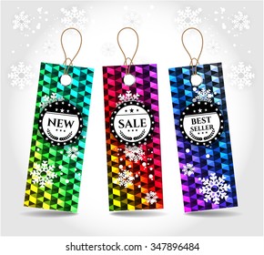 Set, collection, group of three modern, isolated, Christmas tags with colorful pattern with white snowflakes and text New, Sale, Best Seller, bright background 