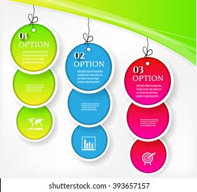 Set, collection, group of three modern, colorful - green, blue, pink option circles with text, simple icons and numbers, isolated on white background