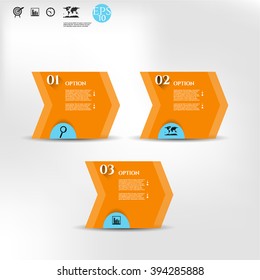 Set, collection, group of three modern, colorful - orange, blue banners with text, simple icons and numbers, isolated on bright background