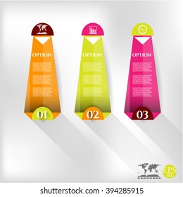 Set, collection, group of three modern, colorful - orange, green, pink banners with text, simple icons and numbers, isolated on bright background