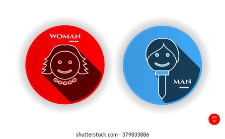 Set, collection, group of two blue and red labels with woman and man head with text and long shadow, isolated on white background