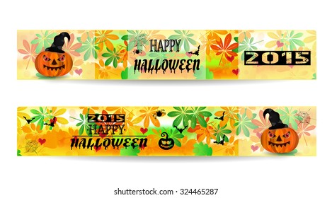 Set, collection, group of two colorful Halloween banners, cards with autumn leaves, smiling, orange pumkins with witch hat and spiders, cobwebs, bats, text Happy Halloween 2015, white background