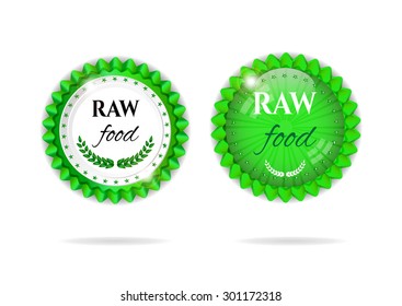 Set, collection, group of two green, white, isolated, round, modern, simple buttons, labels, stickers, signs, badges with text Raw Food and twigs with leaves, white background