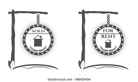 Set, collection, group of two hanging signs with icon of house, text Sold, For Rent, isolated on white background