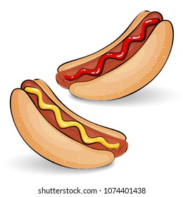 Set, collection, group of two hot dogs, sausages with ketchup and mustard, isolated on white background