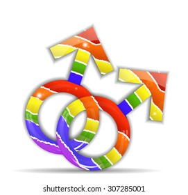 Set, collection, group of two isolated, striped, male symbols on white background, rainbow colors