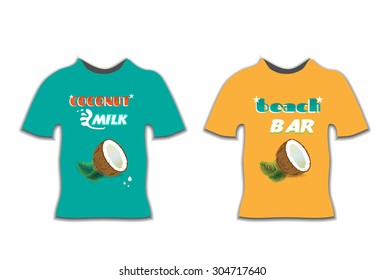 Set, collection, group of two modern, isolated t-shirt with text Coconut Milk, Beach Bar with realistic, brown coconut with green, palm leaves, white background