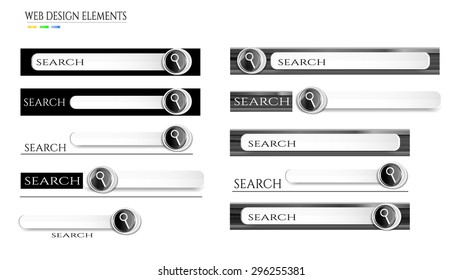 Set, collection, group of white, gray, black, modern, isolated, search bars with magnifier icon, text, design for website, white background 