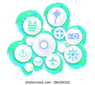 Set, collection, group of white, isolated, round, modern, simple buttons, labels, stickers, signs with summer icons - rudder, camera, aircraft, surfboard, mug, anchor, sun, blue, green, background