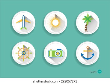 Set, collection, group of white, isolated, round, modern, simple buttons, labels, stickers, signs with summer icons - rudder, camera, aircraft, palm, anchor, sun, blue background