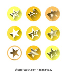 Set, collection, group of yellow labels with simple stars with long shadow, isolated on white background