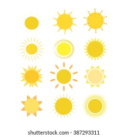 Set, collection, group of yellow, orange, simple suns, isolated on white background