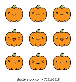 Set collection of halloween kawaii cute pumpkin icons isolated on white background. Vector illustration.
