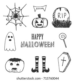Set, collection of halloween vector doodles, hand drawn sketches isolated on white background.

