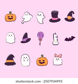 set of collection hallowen elements like a ghost, hat, and pumpkin for elements, clipart, sticker