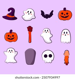 Conjunto de Elementos de colección Hallowen como un fantasma, sombrero y calabaza para Elementos, Clipart, pegatina