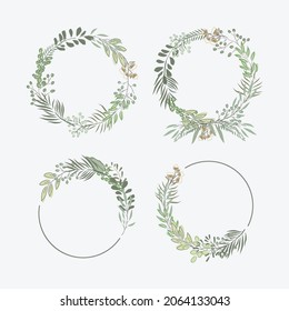 set collection of hand drawing circle frame botanical greenery 