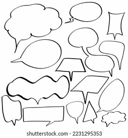 Establece burbujas de habla en blanco y negro dibujadas a mano en la colección. globo, mensaje, texto, diálogo. Icono de ilustración de diseño de vector