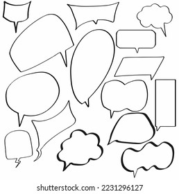 Zeichnen Sie handgezeichnete schwarz-weiße Sprachblasen auf. Ballon, Nachricht, Text, Dialog. Vektorgrafik-Illustrationssymbol