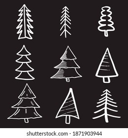 Set, collection of hand drawn christmas trees, decoration trees, hand drawn, handmade rough doodles. Happy New Year, Merry Christmas, Xmas related doodles. End year holidays EPS Vector