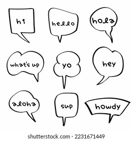 Set collection hand drawn doodle speech bubbles of hi, whats up, aloha, hello, yo, sup, hola, hey, howdy. balloon, message, dialogue. Vector design illustration icon