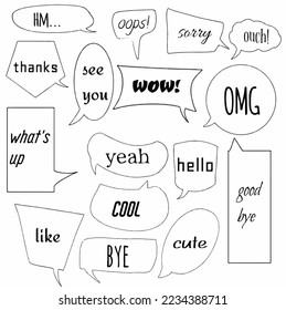 Set collection hand drawn doodle speech bubbles of hm, bye, like, cute, good bye, yeah, hello, what's up, love you, wow, omg, ouch, sorry. balloon, message, text, dialogue. Vector design illustration 