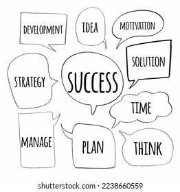 set collection hand drawn doodle speech bubbles of DEVELOPMENT, STRATEGY, IDEA, SUCCESS, MOTIVATION, SOLUTION, TIME, MANAGE, PLAN, THINK. business finance. vector design illustration