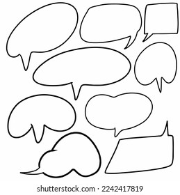 set colección de garabatos dibujados a mano de burbujas de voz. diálogo, charla, globo, texto, comunicación, cómic, chat, pensamiento, diálogo, cómic, dibujos animados, mensaje, pensamiento, símbolo, icono. ilustración de diseño vectorial