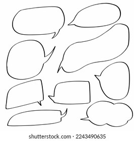  set collection hand drawn doodle speech bubbles. talk, cloud, cartoon, chat, comic, icon, balloon, design, illustration, message, sign, communication, speak, symbol, dialog, text, think vector