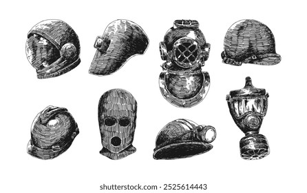 Set collection hand drawn engraving style of helmet and mask. Astronaut, welding, scuba diving, army, balaclava, miner helmet, and gas mask. Vector illustration.