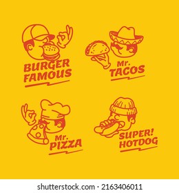 Set Collection Hand Drawn Fast Food Logo Mascot Cartoon