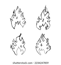 Set collection of hand drawn flame fire outline art. Black lines rough pencil sketch drawing fire vector illustration.