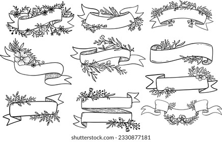 Establecer la mano de la colección dibujada de la cinta de opciones botánicas florales vector de ilustración