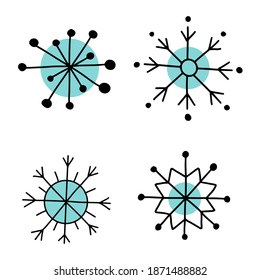 Set, Kollektion von handgezeichnet, handgefertigte Schneeflocken. Neun anders dekorierte Schneeflocken. Dekoration, Dekoration auf weißem Hintergrund. Fröhliches neues Jahr, frohe Weihnachten, Weihnachtsdoodles EPS Vektorgrafik