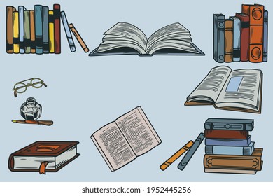 Set collection of hand drawn icons of school equipment. Stack of book with old retro writing instrument and glasses. Vector illustration on the theme of library, books, reading vintage sketch