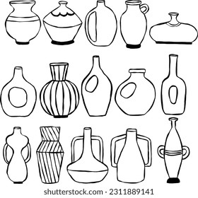 Set Collection Hand Drawn Ink Pottery Line Art Illustration vector