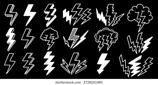 Set and collection of hand drawn lightning bolt doodles and thunder icons isolated on black background