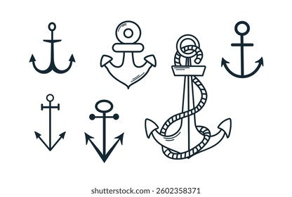 Set collection of hand drawn line art dark blue anchors icons clipart isolated illustrations