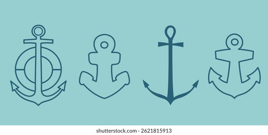 Set collection of hand drawn line art blue anchors icons clipart isolated illustrations