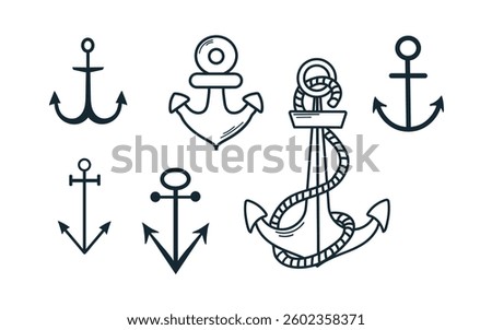 Set collection of hand drawn line art dark blue anchors icons clipart isolated illustrations