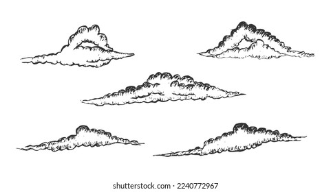 Set collection hand drawn pen sketch of clouds. Five different shape of clouds freehand drawn vector illustration element.