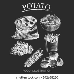 Set collection of hand drawn potatoes on black background. Sketches of chips, fries, ripe potatoes in burlap bag.