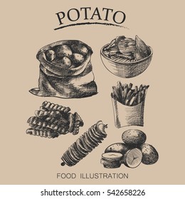 Set collection of hand drawn potatoes on beige background. Sketches of chips, fries, ripe potatoes in burlap bag.