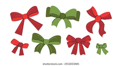 Set Collection Hand Drawn Ribbon Bow. Green and red bows for christmas and New Year decor.