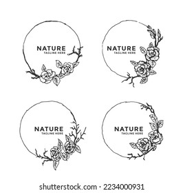Set collection of hand drawn rough sketch circle floral frame. Hand drawn vintage rose petal, leaves and branches vector illustration template.