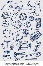 set collection hand drawn sewing and knitting tools. Vector illustration. 
