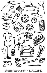 set collection hand drawn sewing and knitting tools. Vector illustration.


